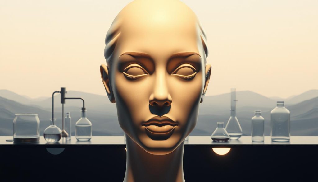 A captivating illustration of the intersection between art and science, showcasing the "August Aesthetics Philosophy". In the foreground, a lifelike digital sculpture of a human face, meticulously crafted with an ethereal, otherworldly quality. The features are elegantly proportioned, exuding a sense of balance and harmony. Mid-ground, a laboratory-like setting with scientific instruments and glassware, hinting at the clinical precision that underpins the philosophy. The background is a serene, minimalist landscape, evoking a sense of tranquility and contemplation. Soft, diffused lighting bathes the scene, creating a warm, inviting atmosphere. The overall composition conveys the seamless integration of artistic expression and scientific rigor that defines the "August Aesthetics" approach.