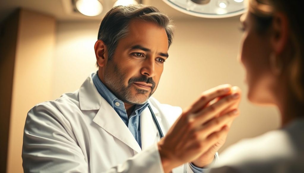 A well-lit, cinematic portrait of Dr. Glenn Vallecillos, a renowned aesthetic medicine expert, as he diligently examines a patient's skin. Captured with a shallow depth of field, the focus is drawn to his attentive gaze and skilled hands, conveying his dedication and expertise. The background is softly blurred, emphasizing the subject's importance. Warm lighting from above casts subtle shadows, creating depth and drama. The scene radiates a sense of professionalism and clinical precision, reflecting Dr. Vallecillos' commitment to delivering exceptional aesthetic care.
