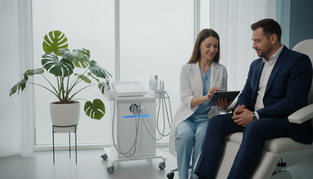 A serene clinical environment showcasing a modern skin transformation session. In the foreground, a professional dermatologist, dressed in a crisp white coat, explains a treatment plan to a client seated in a comfortable treatment chair. The client, dressed in modest casual clothing, appears engaged and interested. In the middle ground, various high-tech skincare devices are neatly arranged on a sleek, minimalist cart, while soothing greenery is subtly integrated for a calming effect. The background features soft, diffused lighting from large windows, creating a peaceful and inviting atmosphere. The overall mood is one of professionalism and hope, highlighting the transformative nature of skin care. The camera angle captures an intimate view of the interaction while emphasizing the cleanliness and technology of the space.