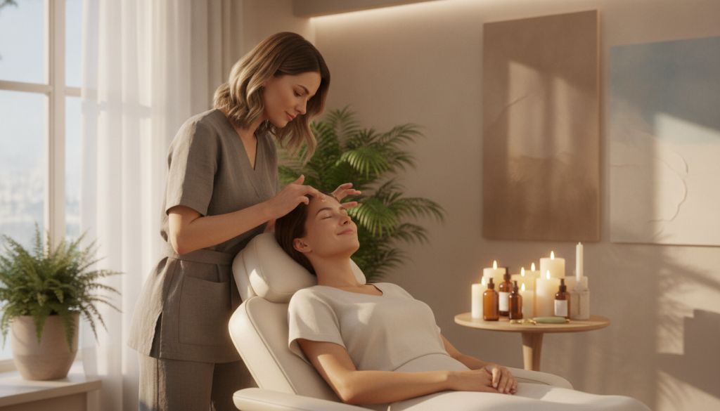 A serene treatment room bathed in soft, warm, natural light, emphasizing tranquility and rejuvenation. In the foreground, a professional skincare specialist in modest, stylish attire gently applies a luminous, hydrating serum on the face of a client, who is relaxed in a luxurious reclining chair. The client, a woman with glowing skin, radiates a sense of calm and renewal, reflecting the essence of transformation. In the middle ground, lush green plants and elegant candles create a soothing atmosphere. The background features tasteful art on the walls and gentle ambient lighting, enhancing the peaceful vibe of the space. The composition should evoke feelings of rejuvenation, comfort, and elegance, capturing the essence of a personalized skin transformation session.